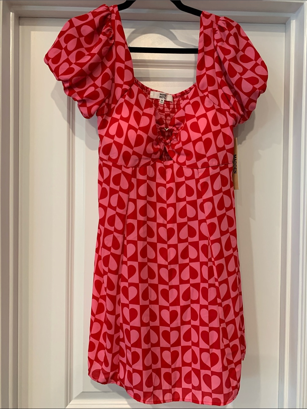 Women's Red & Pink Heart-Print Puff Sleeve Mini Dress